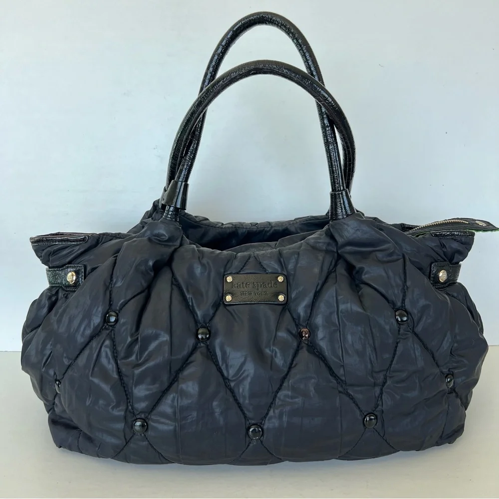 KATE SPADE Stevie Black Quilted Nylon Patent Leather Studded Shoulder Bag Tote